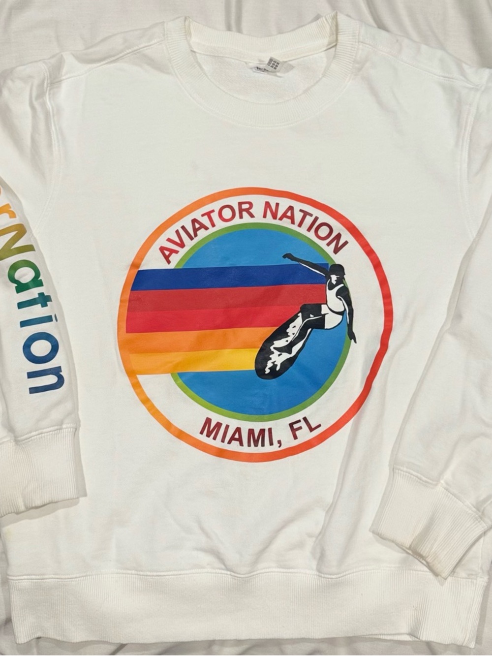 Women’s Aviator Nation White Crewneck with Multicolor Miami Graphic size MEDIUM